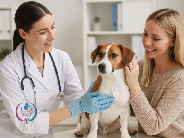 Petowner and Dog Inquiring About Custom Pet Medications and Veterinary Compounding